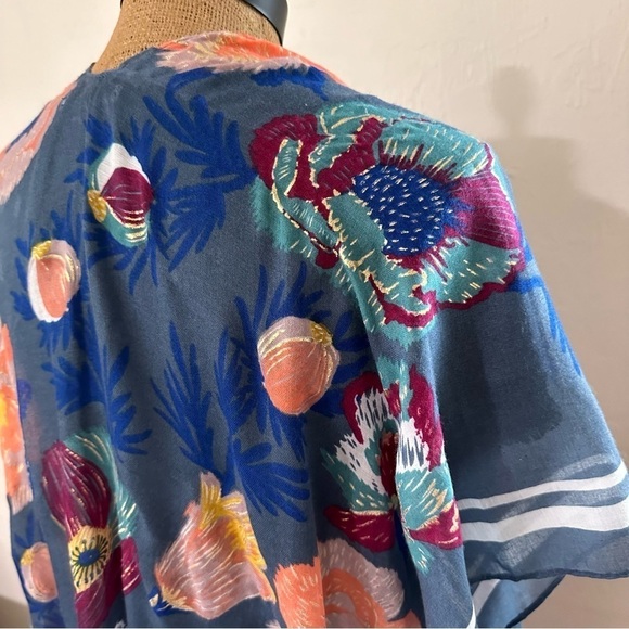 Blue floral metallic Sheer Kimono duster scarf wrap beach coverup fringe edge OS - Picture 8 of 11